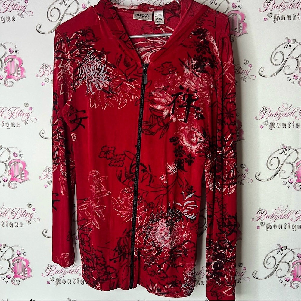 Chico's sweater hoodie zip up floral Japanese style Red Floral Zip-Up Top